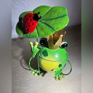 Green Frog Metal Figurine with Gold Crown and Ladybug Detail